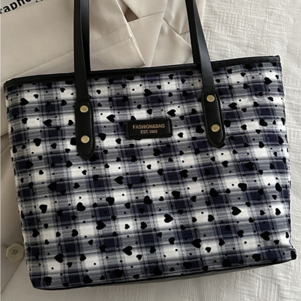 Heart Plaid PU Leather Strap Tote